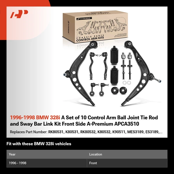 1996-1998 BMW 328i A Set of 10 Control Arm Ball Joint Tie Rod and Sway Bar Link Kit Front Side A-Premium APCA3510