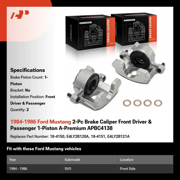 1984-1986 Ford Mustang 2-Pc Brake Caliper Front Driver & Passenger 1-Piston A-Premium APBC4138