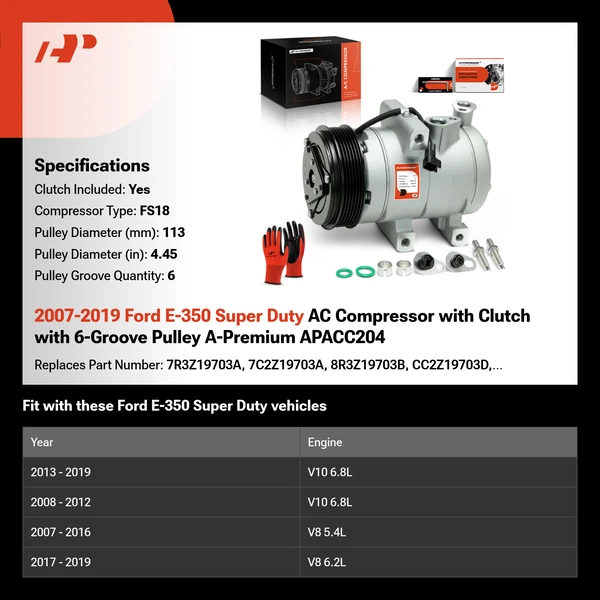 2007-2019 Ford E-350 Super Duty AC Compressor with Clutch with 6-Groove Pulley A-Premium APACC204