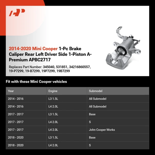 2014-2020 Mini Cooper 1-Pc Brake Caliper Rear Left Driver Side 1-Piston A-Premium APBC2717