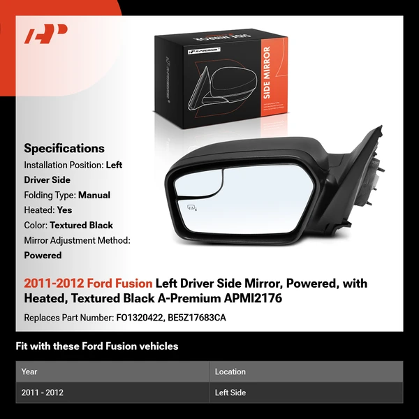 2011-2012 Ford Fusion Left Driver Side Mirror, Powered, with Heated, Textured Black A-Premium APMI2176
