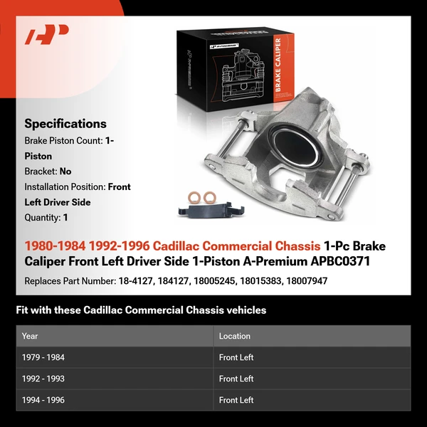 1980-1984 1992-1996 Cadillac Commercial Chassis 1-Pc Brake Caliper Front Left Driver Side 1-Piston A-Premium APBC0371