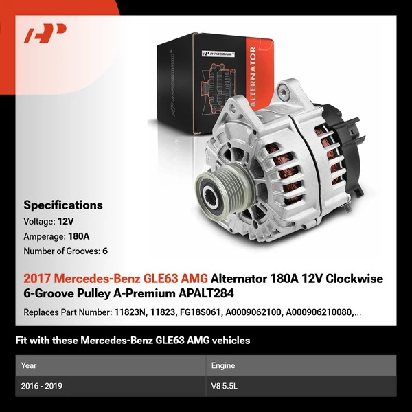 2017 Mercedes-Benz GLE63 AMG Alternator 180A 12V Clockwise 6-Groove Pulley A-Premium APALT284