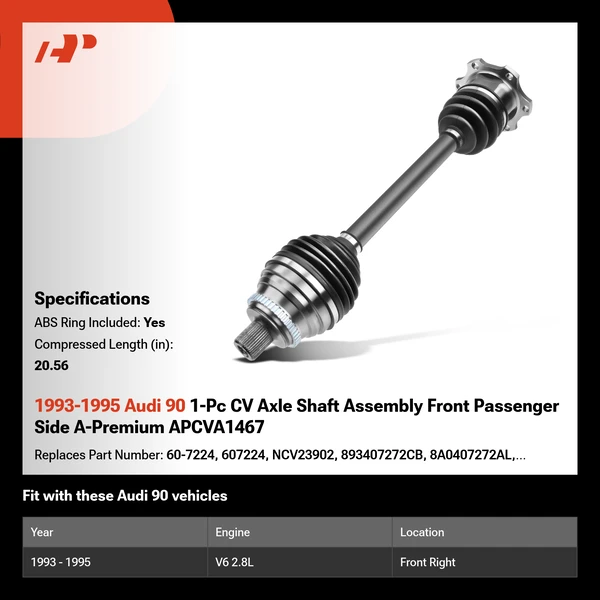 1993-1995 Audi 90 1-Pc CV Axle Shaft Assembly Front Passenger Side A-Premium APCVA1467