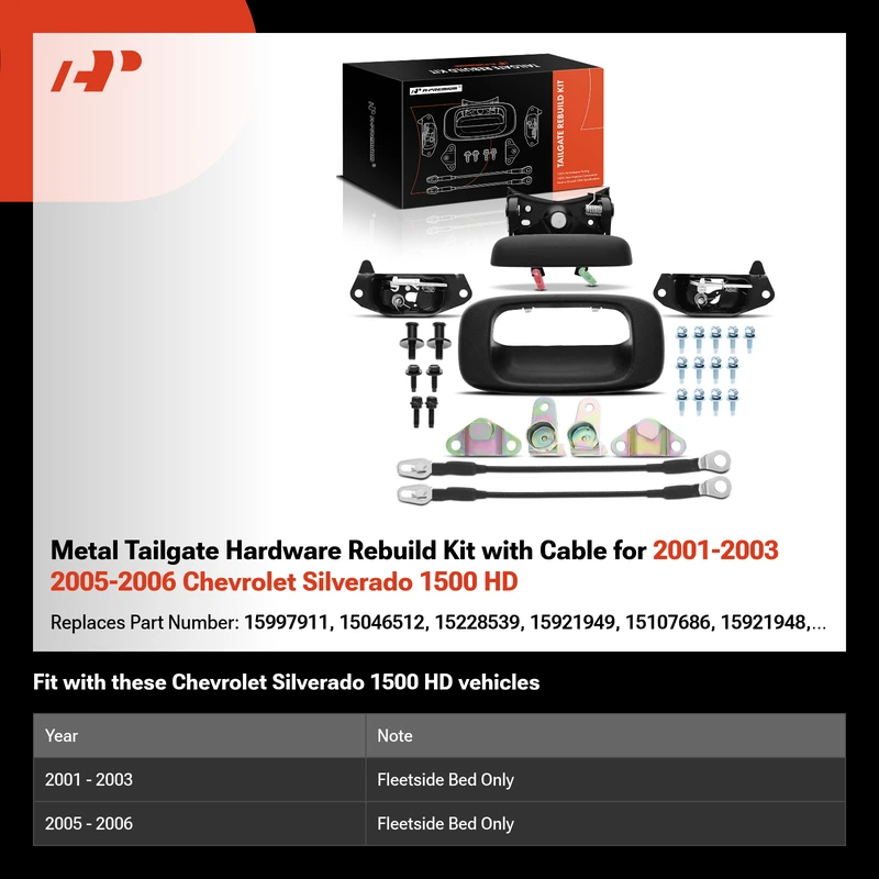 Metal Tailgate Hardware Rebuild Kit with Cable for 2001-2003 2005-2006 Chevrolet Silverado 1500 HD