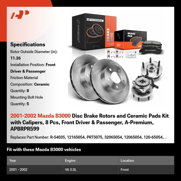 2001-2002 Mazda B3000 Disc Brake Rotors and Ceramic Pads Kit with Calipers, 8 Pcs, Front Driver & Passenger, A-Premium, APBRPR599