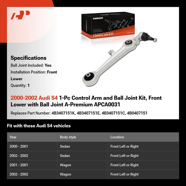 2000-2002 Audi S4 1-Pc Control Arm and Ball Joint Kit, Front Lower with Ball Joint A-Premium APCA0031