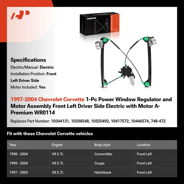 1997-2004 Chevrolet Corvette 1-Pc Power Window Regulator and Motor Assembly Front Left Driver Side Electric with Motor A-Premium WR0114