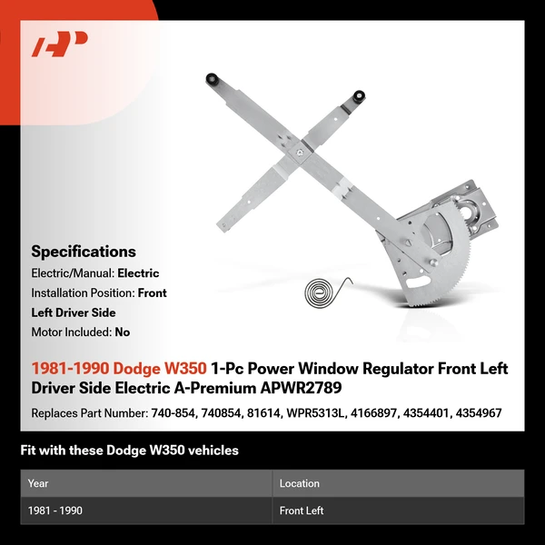 1981-1990 Dodge W350 1-Pc Power Window Regulator Front Left Driver Side Electric A-Premium APWR2789