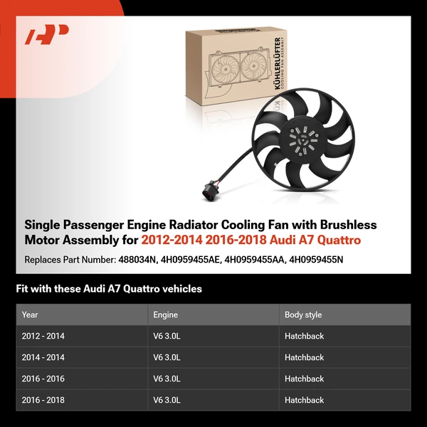 Single Passenger Engine Radiator Cooling Fan with Brushless Motor Assembly for 2012-2014 2016-2018 Audi A7 Quattro