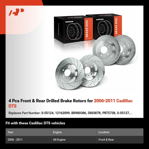 4 Pcs Front & Rear Drilled Brake Rotors for 2006-2011 Cadillac DTS