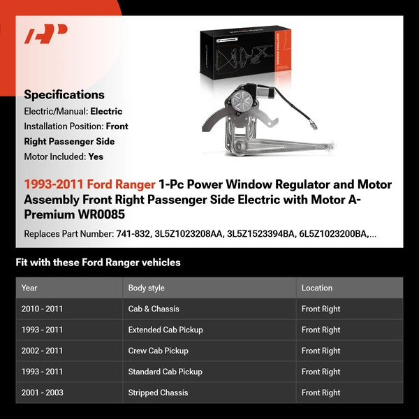 1993-2011 Ford Ranger 1-Pc Power Window Regulator and Motor Assembly Front Right Passenger Side Electric with Motor A-Premium WR0085