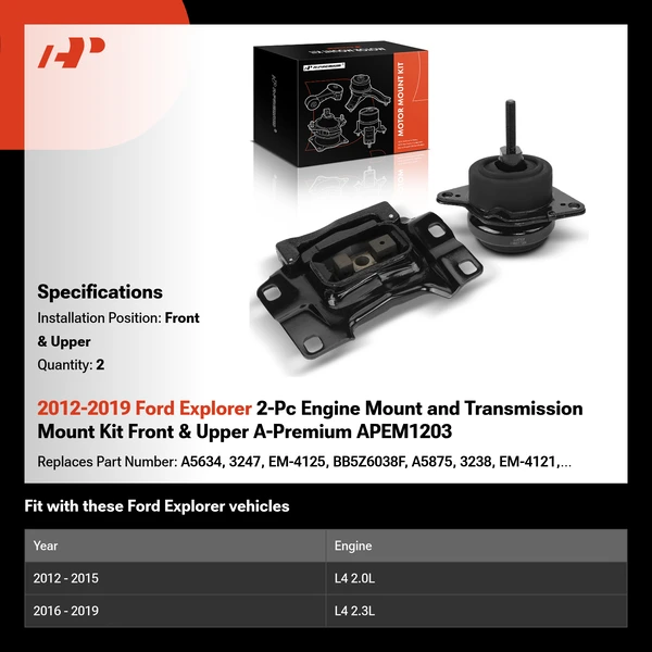 2012-2019 Ford Explorer 2-Pc Engine Mount and Transmission Mount Kit Front & Upper A-Premium APEM1203