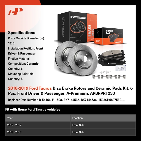 2010-2019 Ford Taurus Disc Brake Rotors and Ceramic Pads Kit, 6 Pcs, Front Driver & Passenger, A-Premium, APBRPR1233