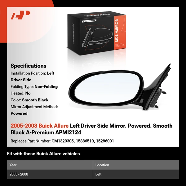 2005-2008 Buick Allure Left Driver Side Mirror, Powered, Smooth Black A-Premium APMI2124