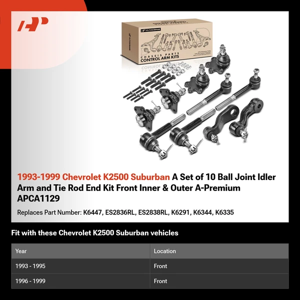 1993-1999 Chevrolet K2500 Suburban A Set of 10 Ball Joint Idler Arm and Tie Rod End Kit Front Inner & Outer A-Premium APCA1129