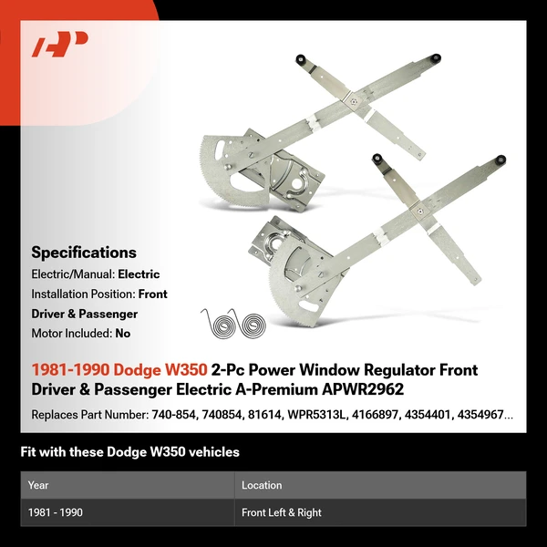 1981-1990 Dodge W350 2-Pc Power Window Regulator Front Driver & Passenger Electric A-Premium APWR2962