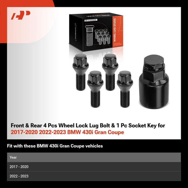 Front & Rear 4 Pcs Wheel Lock Lug Bolt & 1 Pc Socket Key for 2017-2020 2022-2023 BMW 430i Gran Coupe