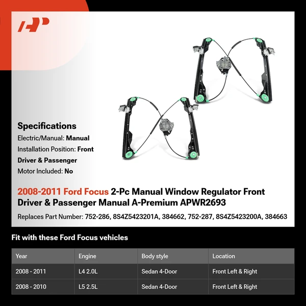 2008-2011 Ford Focus 2-Pc Manual Window Regulator Front Driver & Passenger Manual A-Premium APWR2693