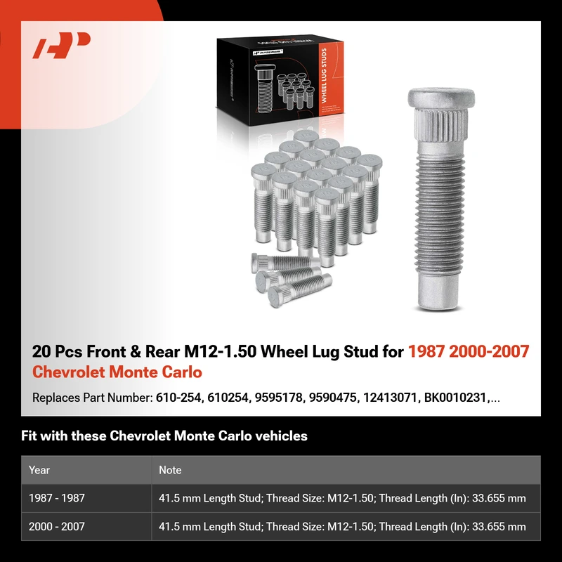 20 Pcs Front & Rear M12-1.50 Wheel Lug Stud for 1987 2000-2007 Chevrolet Monte Carlo