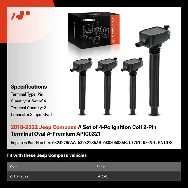 2018-2022 Jeep Compass A Set of 4-Pc Ignition Coil 2-Pin Terminal Oval A-Premium APIC0321