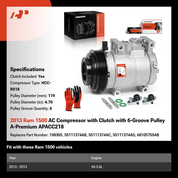 2013 Ram 1500 AC Compressor with Clutch with 6-Groove Pulley A-Premium APACC218
