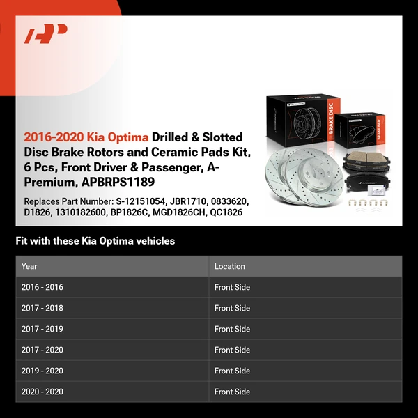 2016-2020 Kia Optima Drilled & Slotted Disc Brake Rotors and Ceramic Pads Kit, 6 Pcs, Front Driver & Passenger, A-Premium, APBRPS1189