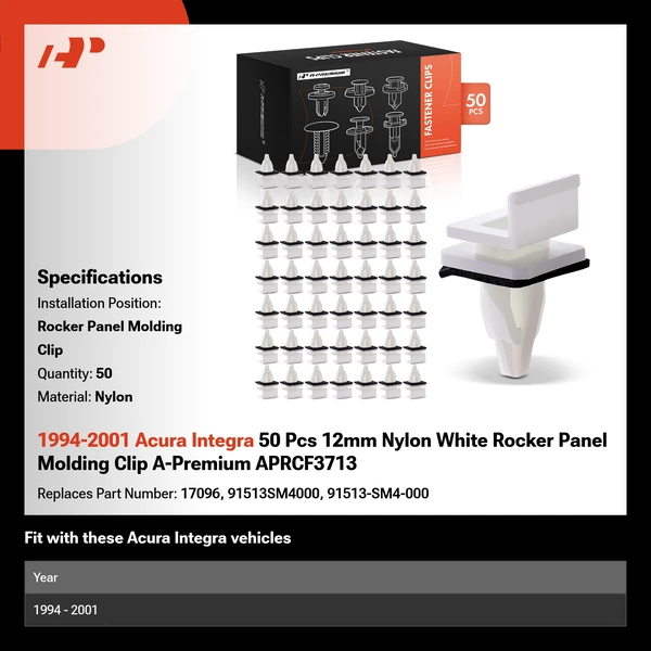 1994-2001 Acura Integra 50 Pcs 12mm Nylon White Rocker Panel Molding Clip A-Premium APRCF3713