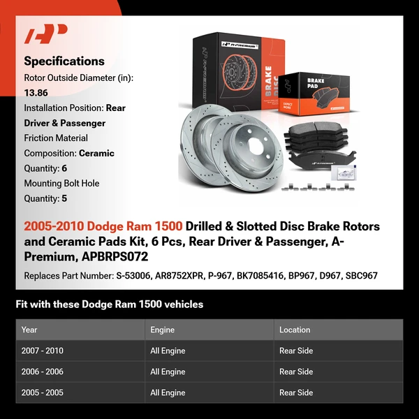 2005-2010 Dodge Ram 1500 Drilled & Slotted Disc Brake Rotors and Ceramic Pads Kit, 6 Pcs, Rear Driver & Passenger, A-Premium, APBRPS072