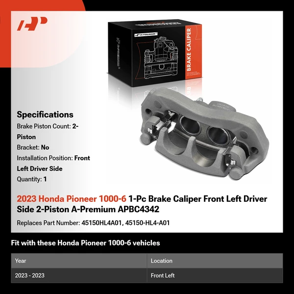 2023 Honda Pioneer 1000-6 1-Pc Brake Caliper Front Left Driver Side 2-Piston A-Premium APBC4342