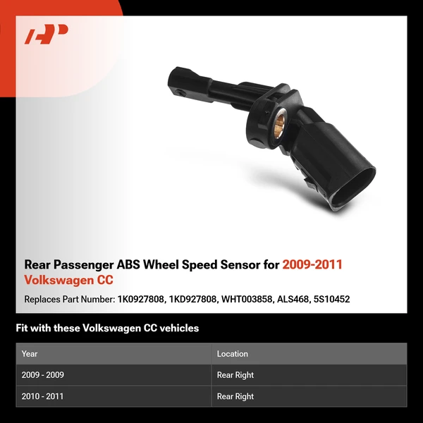 Rear Passenger ABS Wheel Speed Sensor for 2009-2011 Volkswagen CC