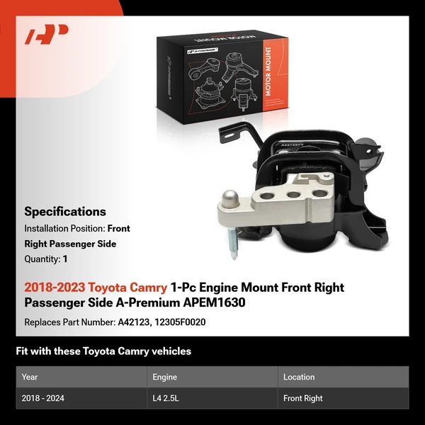 2018-2023 Toyota Camry 1-Pc Engine Mount Front Right Passenger Side A-Premium APEM1630