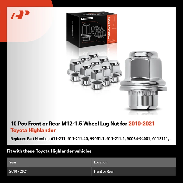 10 Pcs Front or Rear M12-1.5 Wheel Lug Nut for 2010-2021 Toyota Highlander