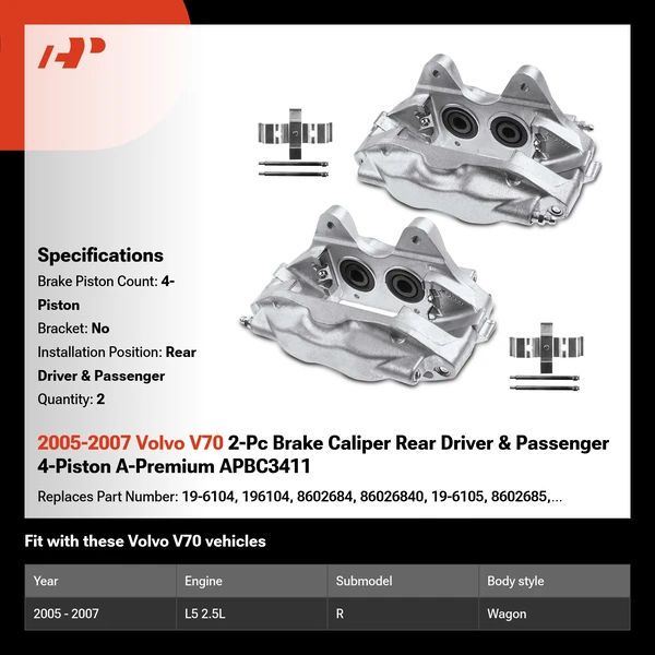 2005-2007 Volvo V70 2-Pc Brake Caliper Rear Driver & Passenger 4-Piston A-Premium APBC3411