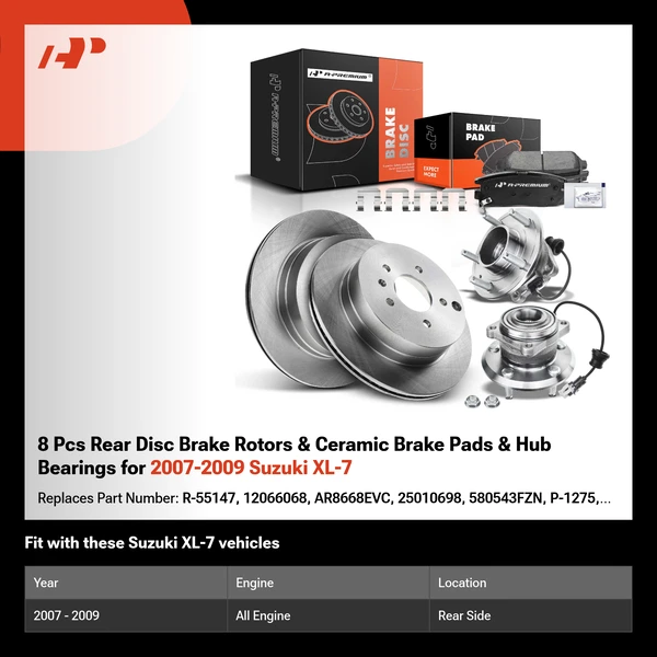 8 Pcs Rear Disc Brake Rotors & Ceramic Brake Pads & Hub Bearings for 2007-2009 Suzuki XL-7