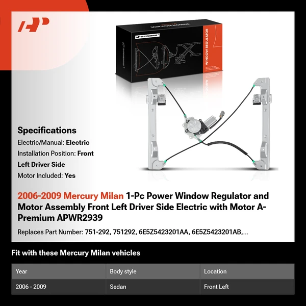 2006-2009 Mercury Milan 1-Pc Power Window Regulator and Motor Assembly Front Left Driver Side Electric with Motor A-Premium APWR2939