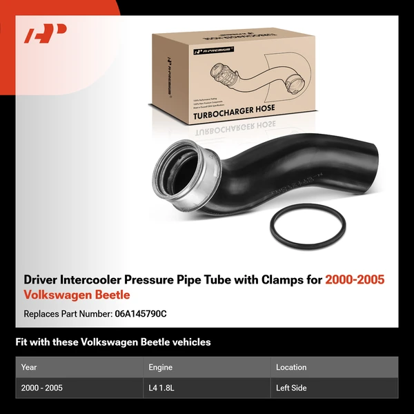 Driver Intercooler Pressure Pipe Tube with Clamps for 2000-2005 Volkswagen Beetle