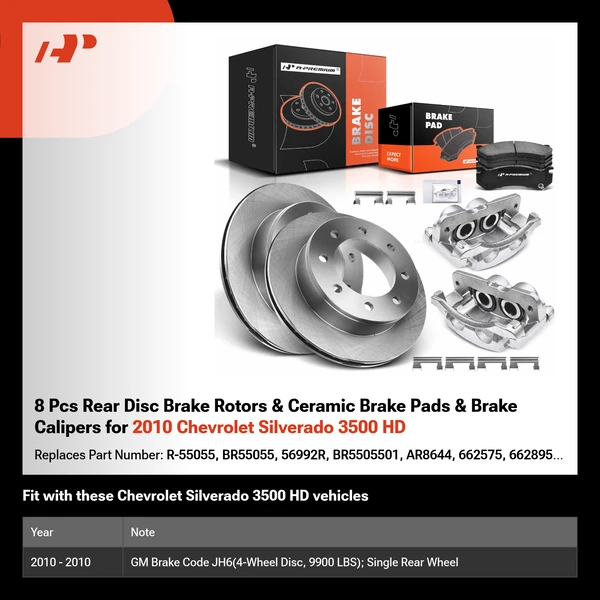 8 Pcs Rear Disc Brake Rotors & Ceramic Brake Pads & Brake Calipers for 2010 Chevrolet Silverado 3500 HD