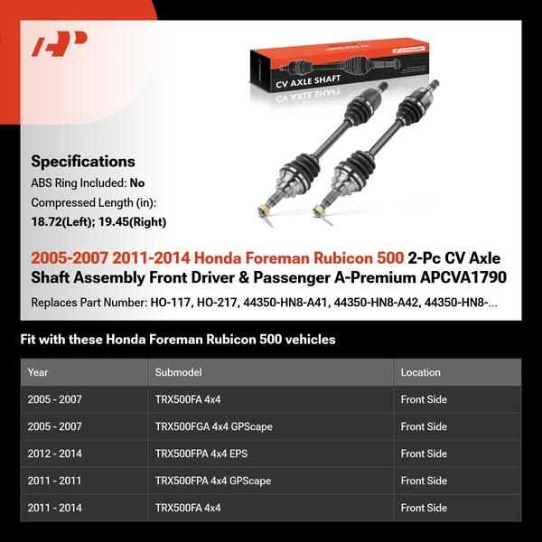 2005-2007 2011-2014 Honda Foreman Rubicon 500 2-Pc CV Axle Shaft Assembly Front Driver & Passenger A-Premium APCVA1790