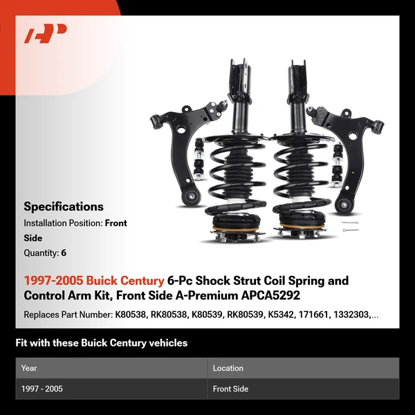 1997-2005 Buick Century 6-Pc Shock Strut Coil Spring and Control Arm Kit, Front Side A-Premium APCA5292