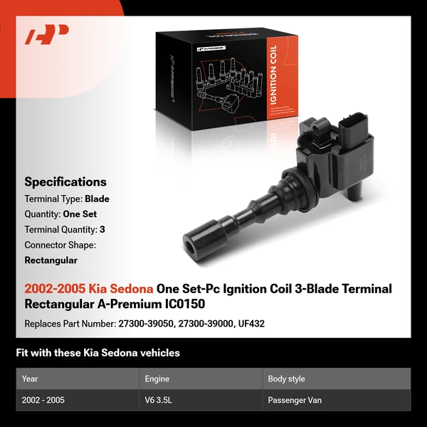 2002-2005 Kia Sedona One Set-Pc Ignition Coil 3-Blade Terminal Rectangular A-Premium IC0150