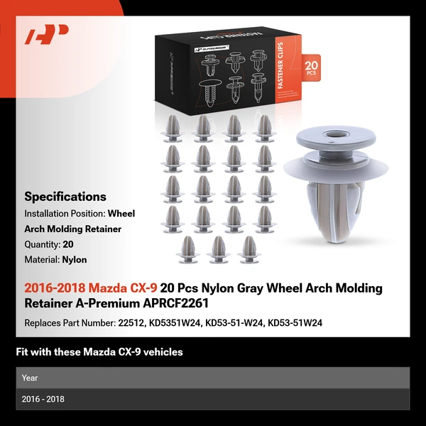 2016-2018 Mazda CX-9 20 Pcs Nylon Gray Wheel Arch Molding Retainer A-Premium APRCF2261