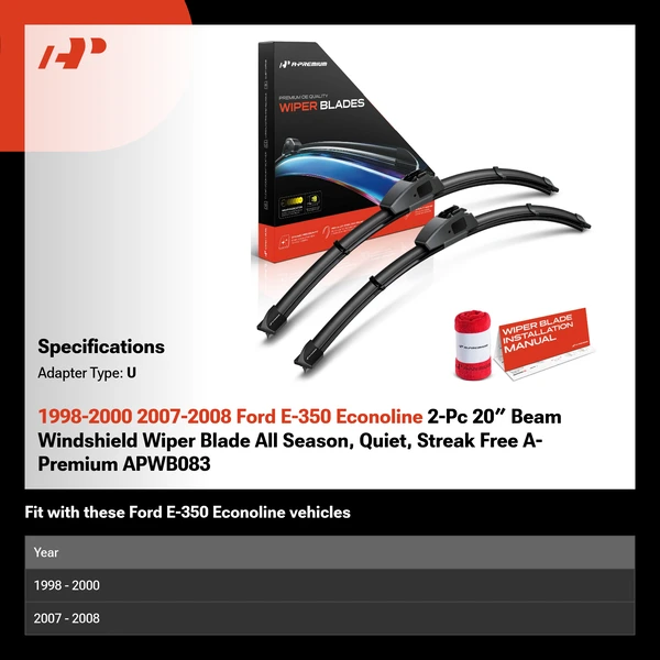 1998-2000 2007-2008 Ford E-350 Econoline 2-Pc 20″ Beam Windshield Wiper Blade All Season, Quiet, Streak Free A-Premium APWB083