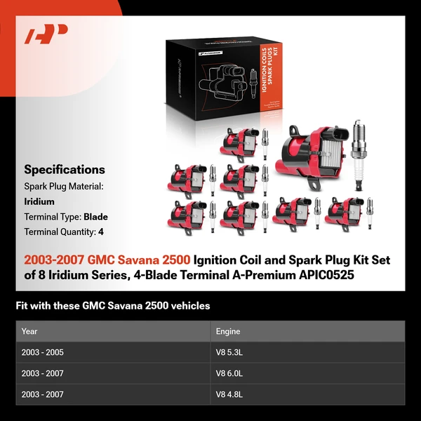2003-2007 GMC Savana 2500 Ignition Coil and Spark Plug Kit Set of 8 Iridium Series, 4-Blade Terminal A-Premium APIC0525