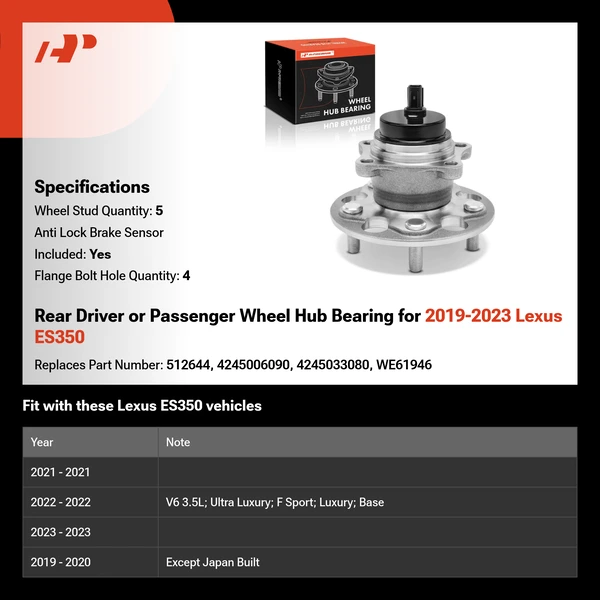 Rear Driver or Passenger Wheel Hub Bearing for 2019-2023 Lexus ES350