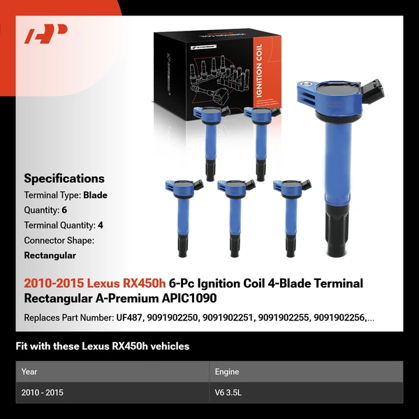 2010-2015 Lexus RX450h A Set of 6-Pc Ignition Coil 4-Blade Terminal Rectangular A-Premium APIC1090