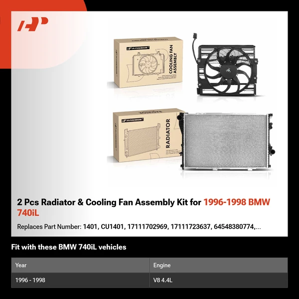 2 Pcs Radiator & Cooling Fan Assembly Kit for 1996-1998 BMW 740iL
