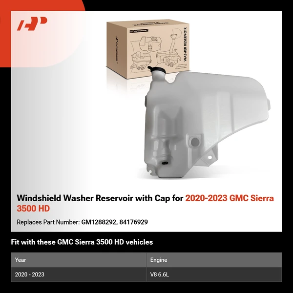 Windshield Washer Reservoir with Cap for 2020-2023 GMC Sierra 3500 HD