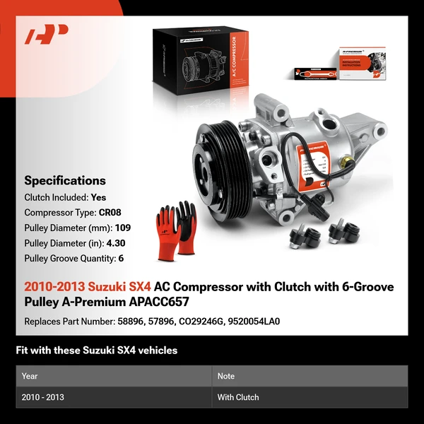 2010-2013 Suzuki SX4 AC Compressor with Clutch with 6-Groove Pulley A-Premium APACC657
