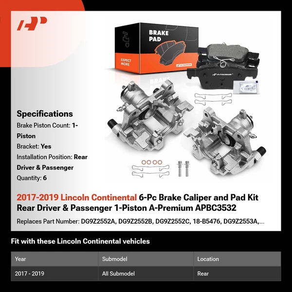2017-2019 Lincoln Continental 6-Pc Brake Caliper and Pad Kit Rear Driver & Passenger 1-Piston A-Premium APBC3532